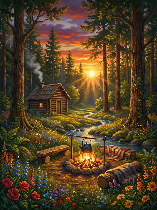 Sunset Forest Cabin Campfire (80 Colours)