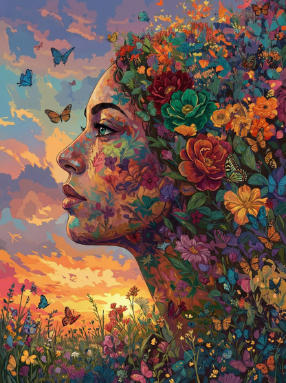 Blooming Flowers Butterflies Woman (80 Colours)