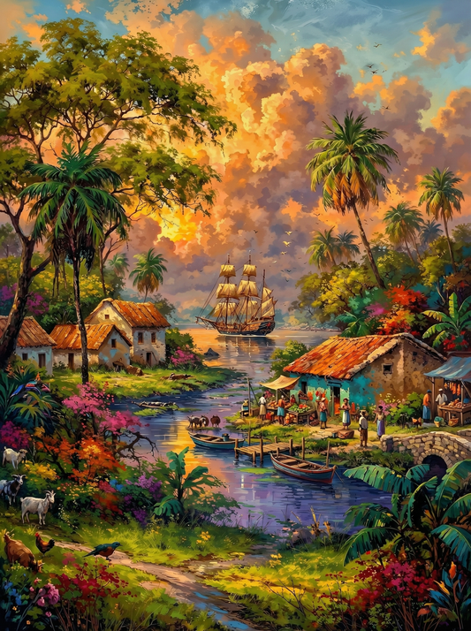 Tropical Sunset Village Ship (80 Colours)
