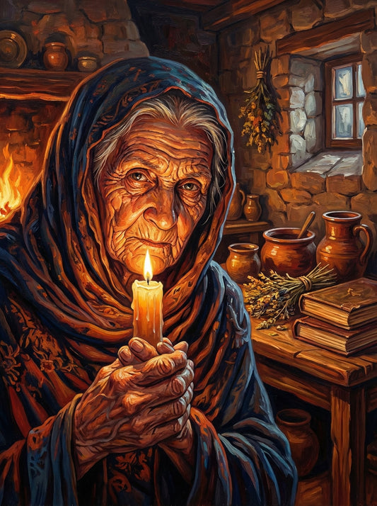 Elderly Woman Cottage Candlelight (80 Colours)