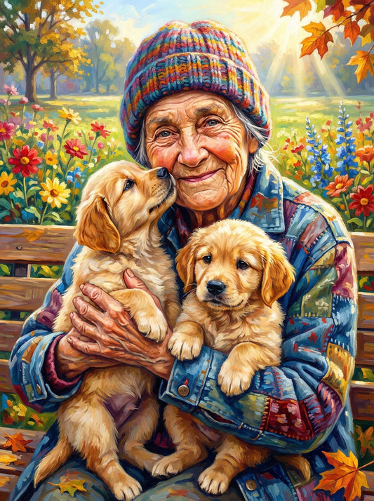 Elderly Woman Holding Golden Retrievers (80 Colours)