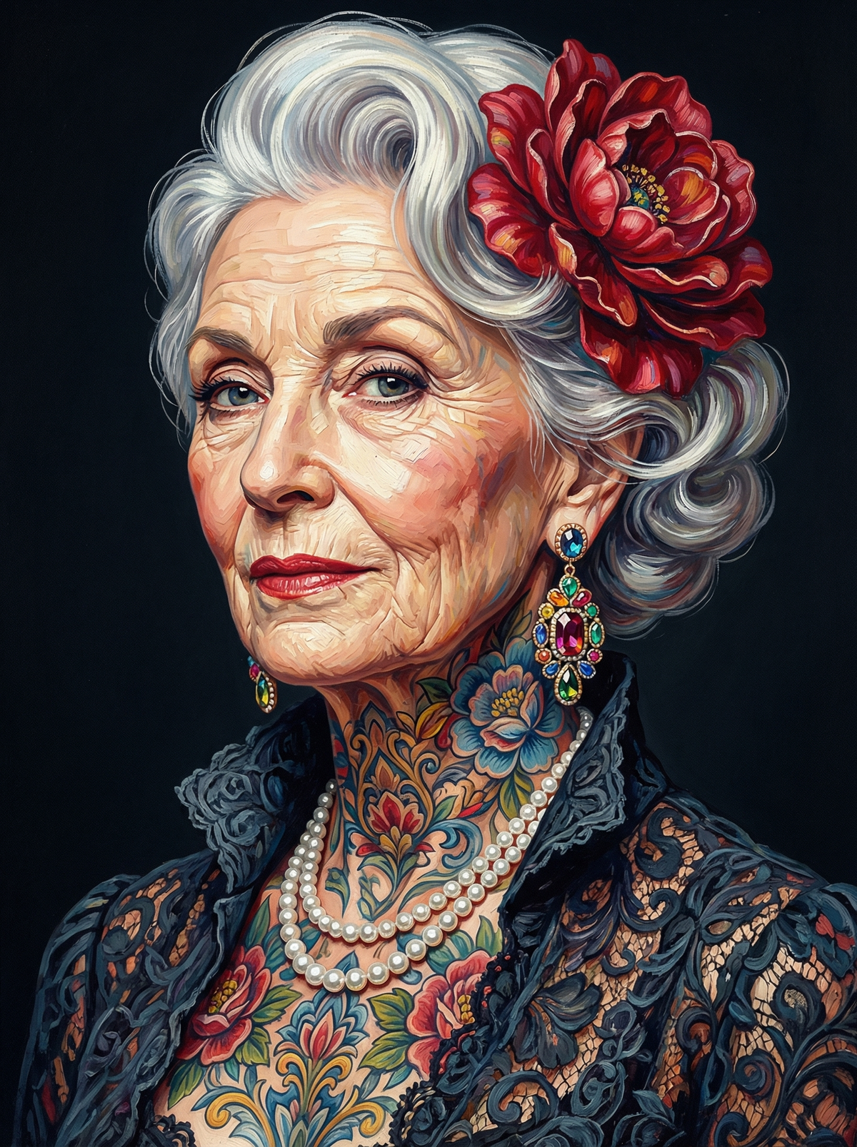 Floral Tattooed Elder Woman (120 Colours)