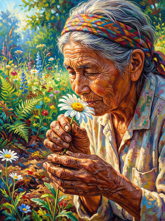 Grandmother Holding White Flower (80 Colours)