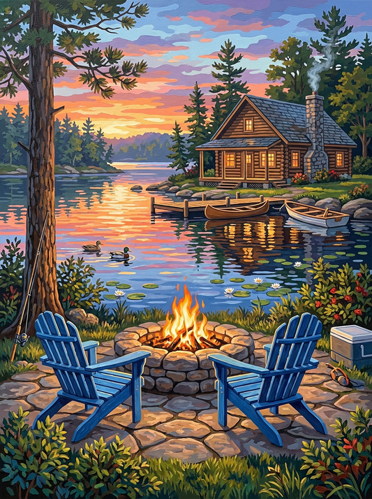 Lakeside Cabin Fireplace Sunset (80 Colours)