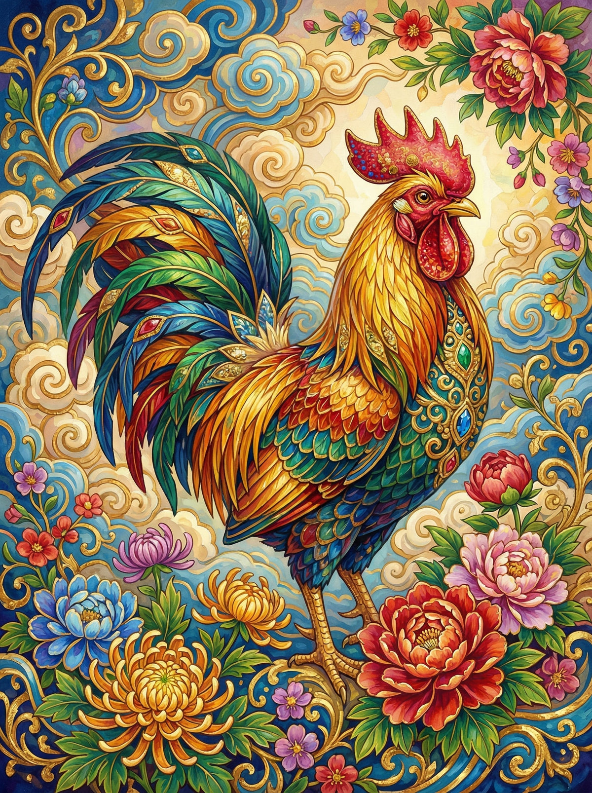 Ornate Rooster With Flowers (120 Colours)