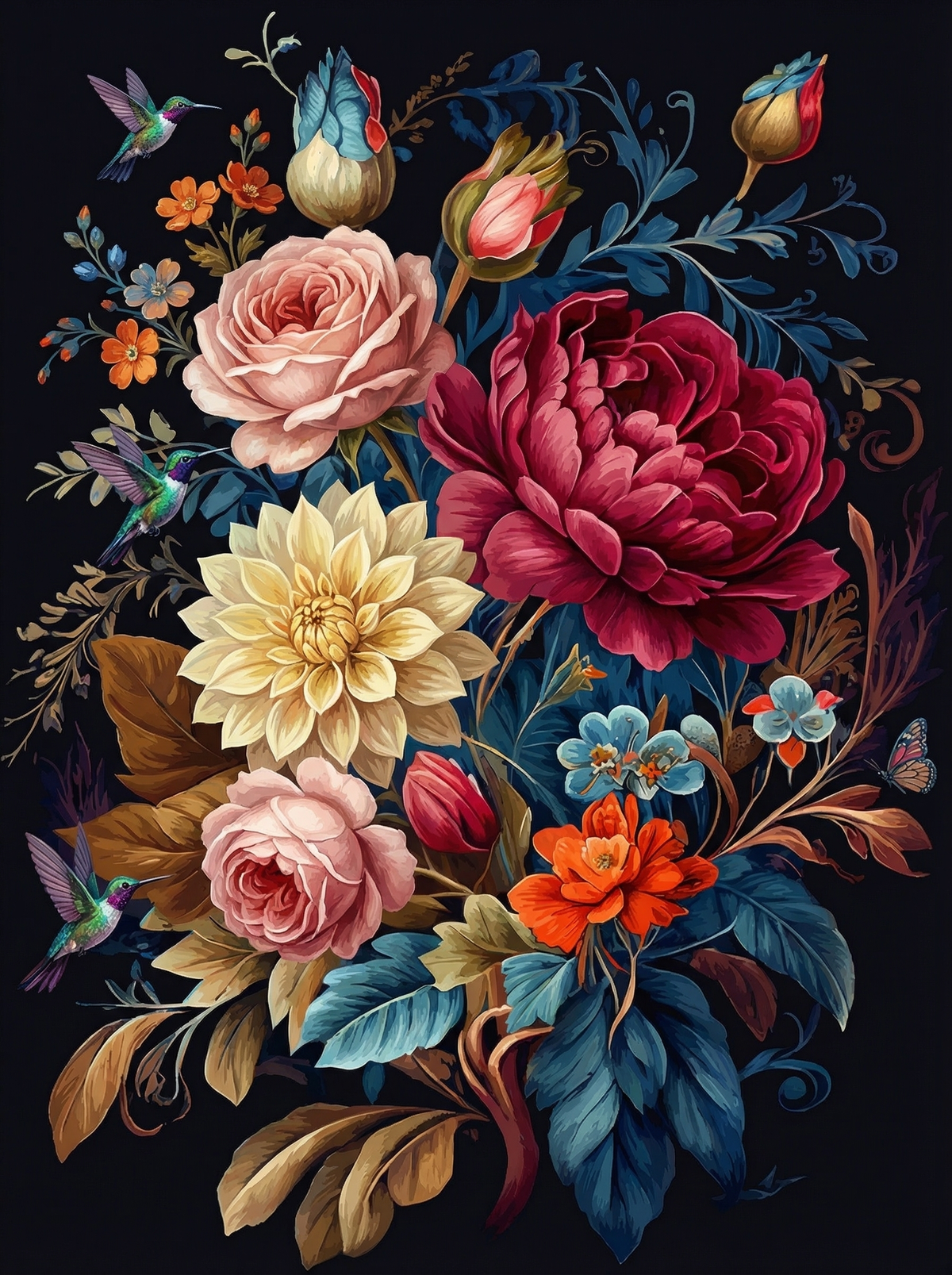 Romantic Floral With Hummingbird (80 Colours)