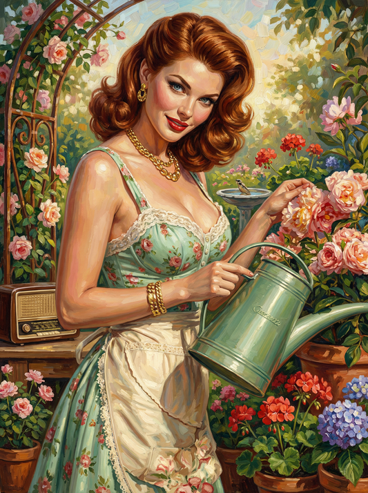 Vintage Woman Watering Garden (80 Colours)