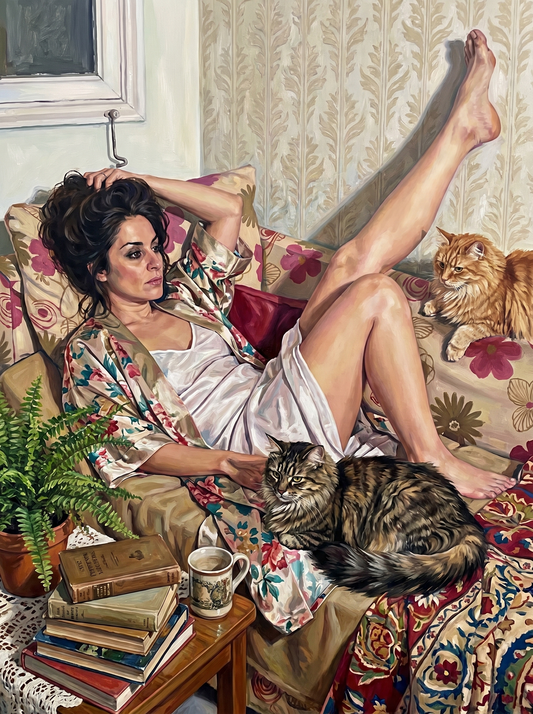 Woman Reclining With Cats (80 Colours)